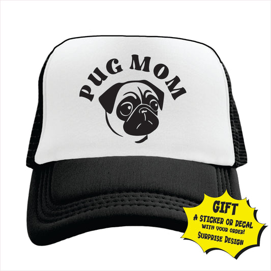 Trucker hat with 'Pug Mom' text and pug graphic on a white background