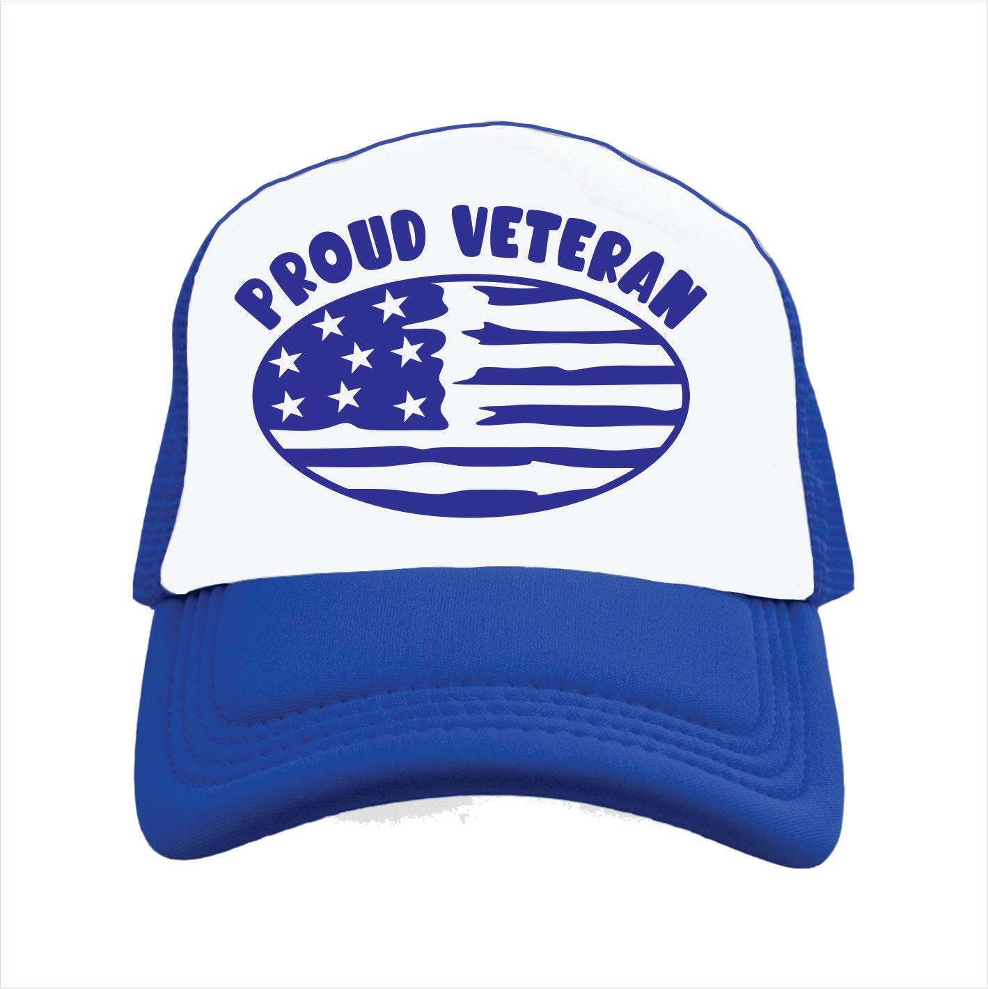 Blue and white trucker hat cap with 'Proud Veteran' text and American flag design on a white background