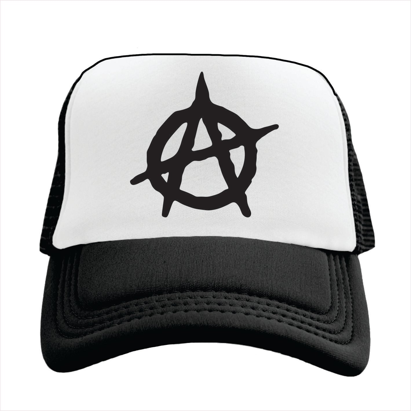 Black and white trucker hat cap with an anarchy symbol on a white background