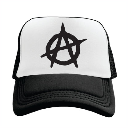 Black and white trucker hat cap with an anarchy symbol on a white background