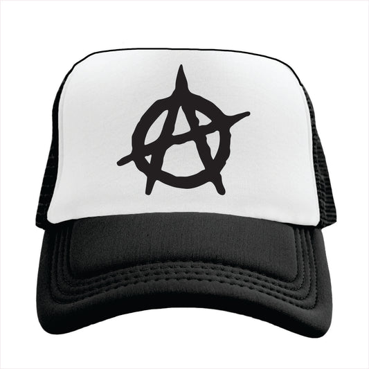 Black and white trucker hat cap with an anarchy symbol on a white background