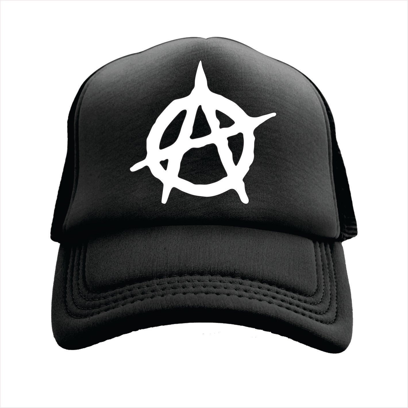 Black trucker hat cap with a white symbol on a white background