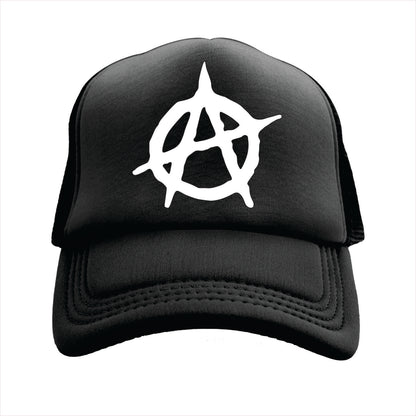 Black trucker hat cap with a white symbol on a white background