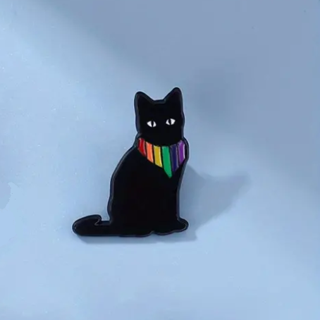 Black cat rainbow bandana pin, cute black cat diversity pin