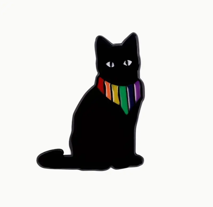 Black cat rainbow bandana pin, cute black cat diversity pin