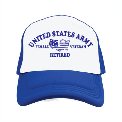 Blue and white trucker hat cap with 'United States Army Female Veteran Retired' text on a white background