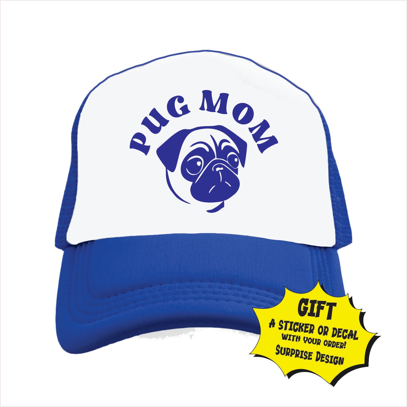 Blue and white trucker hat cap with 'Pug Mom' text and pug graphic on a white background