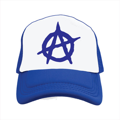 Blue and white trucker hat cap with an anarchy symbol on a white background
