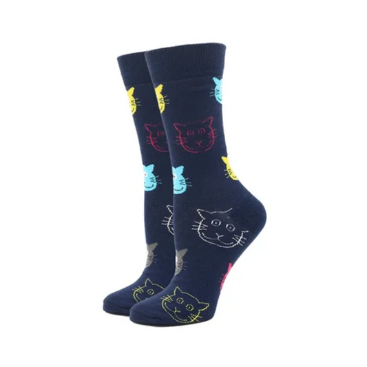 women socks navy blue color with cat faces cartoon designs