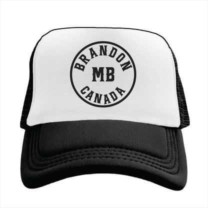 Trucker hat with 'Brandon MB Canada' text on a white background