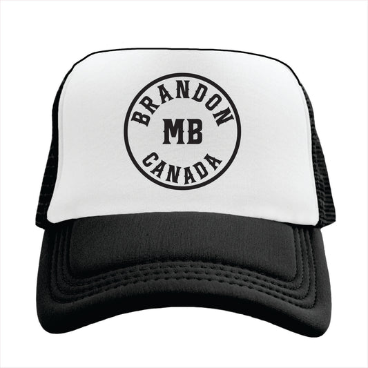Trucker hat with 'Brandon MB Canada' text on a white background