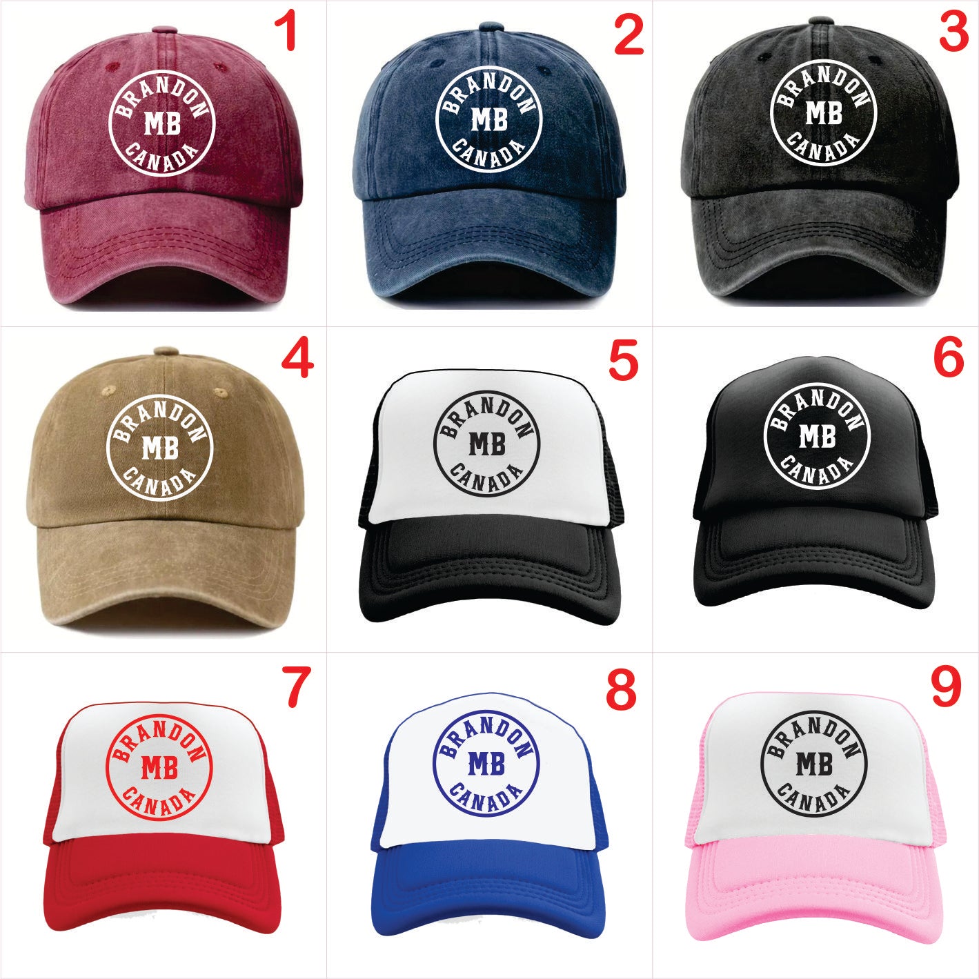 Nine different colored baseball caps with 'Brandon MB Canada' logo on a white background