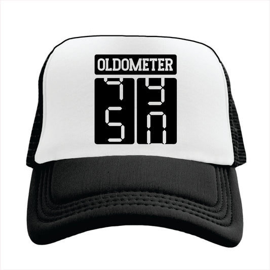 Black and white trucker hat cap with 'OLDOMETER' text on a white background