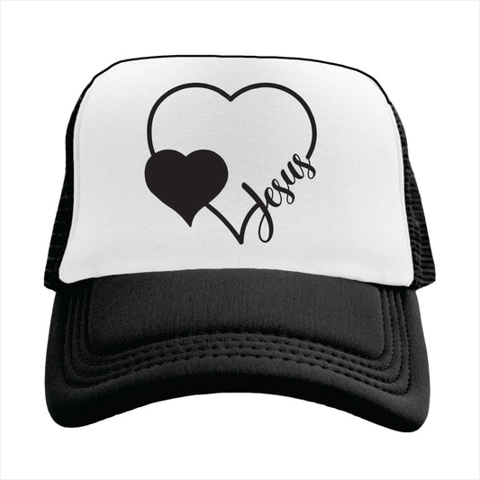 Black and white trucker hat cap with a heart and 'Jesus' design on a white background