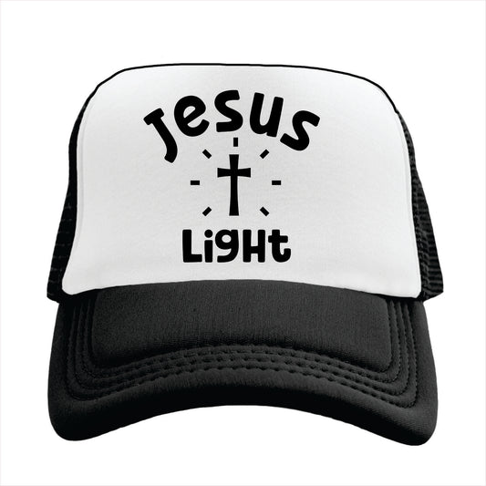 Black and white trucker hat cap with 'Jesus Light' text and cross on a white background