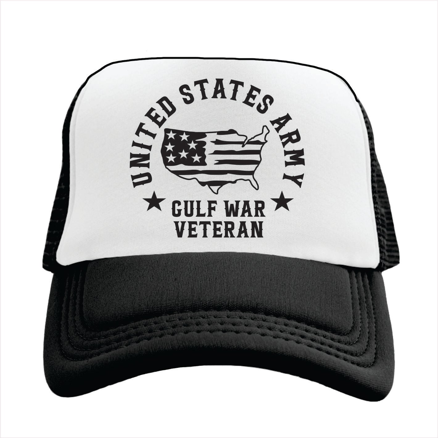 Black and white Trucker hat with 'United States Army Gulf War Veteran' text and logo on a white background