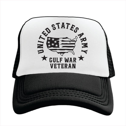 Black and white Trucker hat with 'United States Army Gulf War Veteran' text and logo on a white background