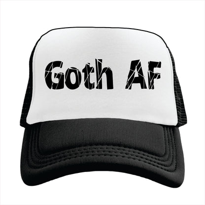 Black and white cap with 'Goth AF' text on a white background
