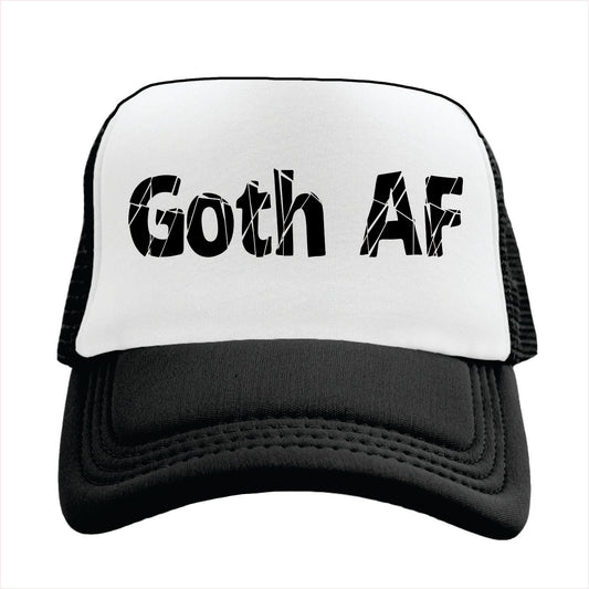 Black and white cap with 'Goth AF' text on a white background