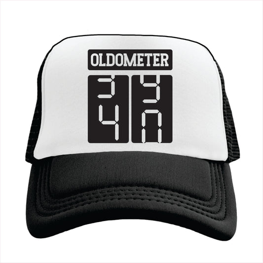 Black and white trucker hat cap with 'OLDOMETER' text on a white background