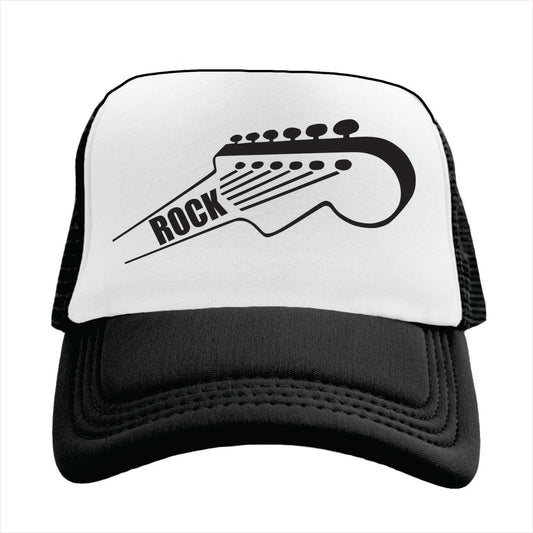 Black and white trucker hat cap with guitar design and 'Rock' text on a white background