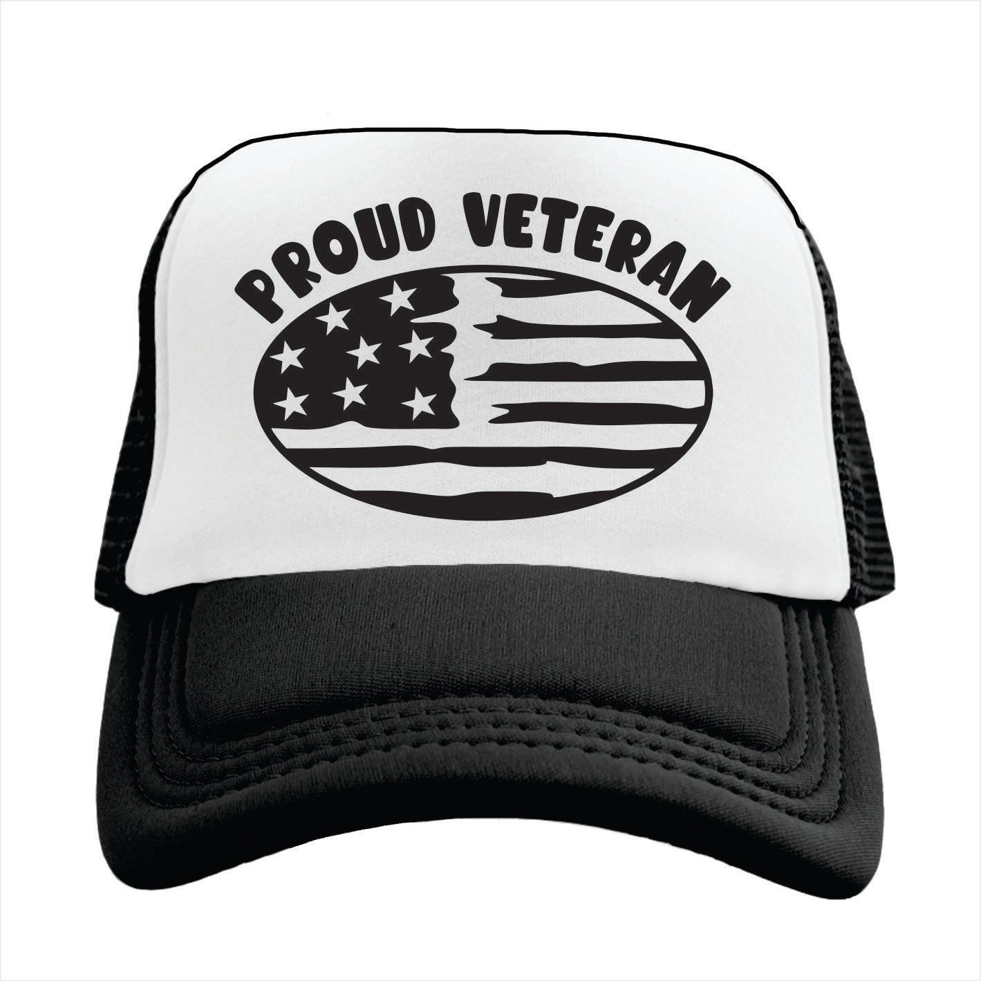Black and white Trucker hat with 'Proud Veteran' text and American flag design on a white background