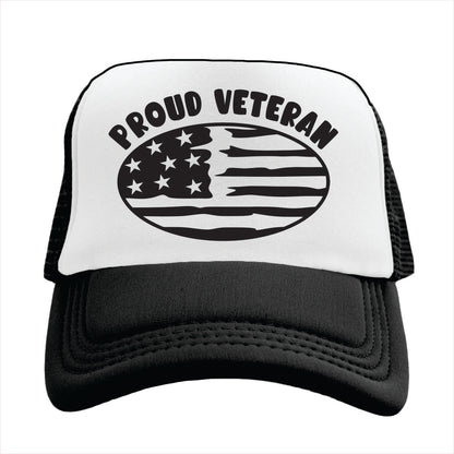 Black and white Trucker hat with 'Proud Veteran' text and American flag design on a white background