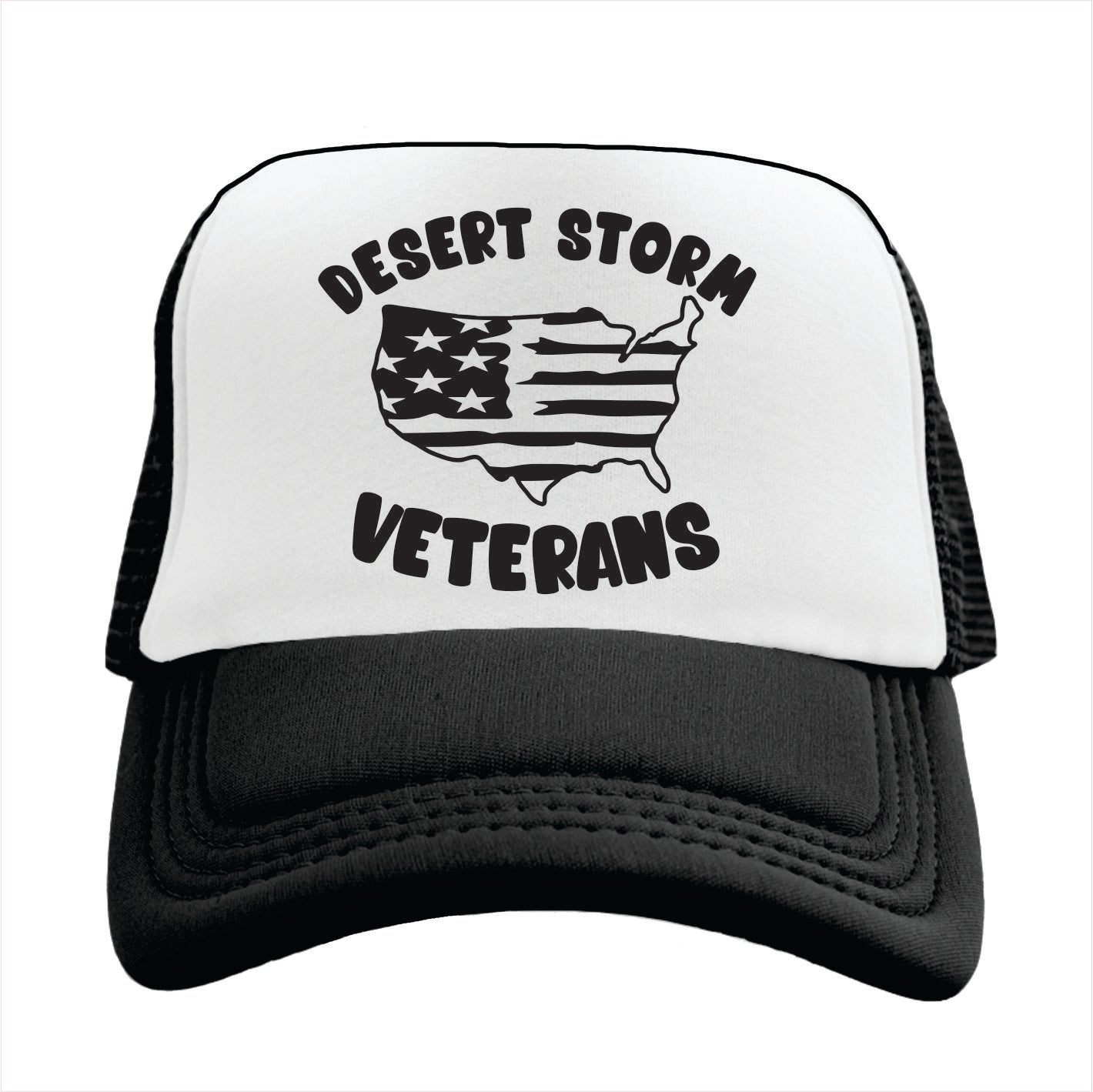 Black and white Trucker hat with 'Desert Storm Veterans' text and American flag design on a white background