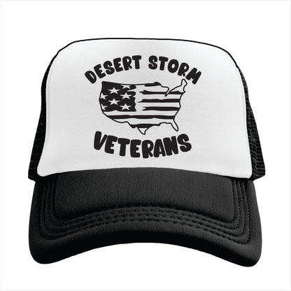 Black and white Trucker hat with 'Desert Storm Veterans' text and American flag design on a white background