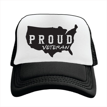 Black and white Trucker hat with 'Proud Veteran' design on a white background