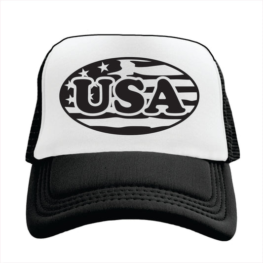 Black and white Trucker hat with 'USA' and flag design on a white background