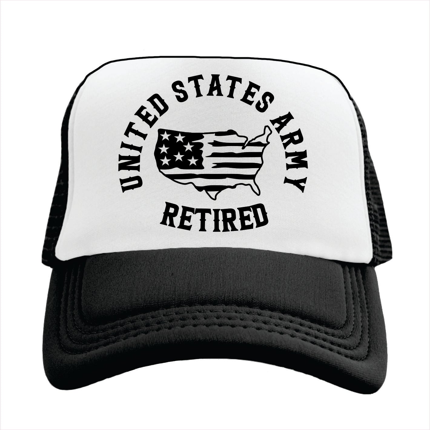Black and white Trucker hat with 'United States Army Retired' text and flag design on a white background