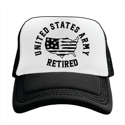 Black and white Trucker hat with 'United States Army Retired' text and flag design on a white background