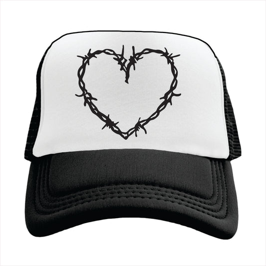 Black and white trucker hat cap with a heart made of barbed wire design on a white background