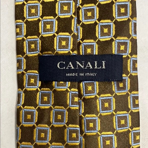 Pre-Owned Canali Brown & Gold Geometric Silk Tie - Made in Italy