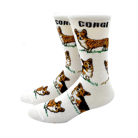 a pair of white women socks with corgi design