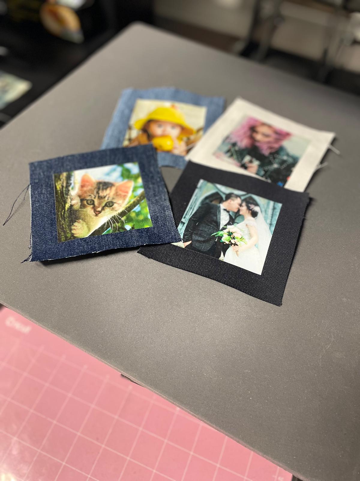 Four custom photo patches 4x4 inches in black white and denim canvas showing different personalized design examples sew-on patches