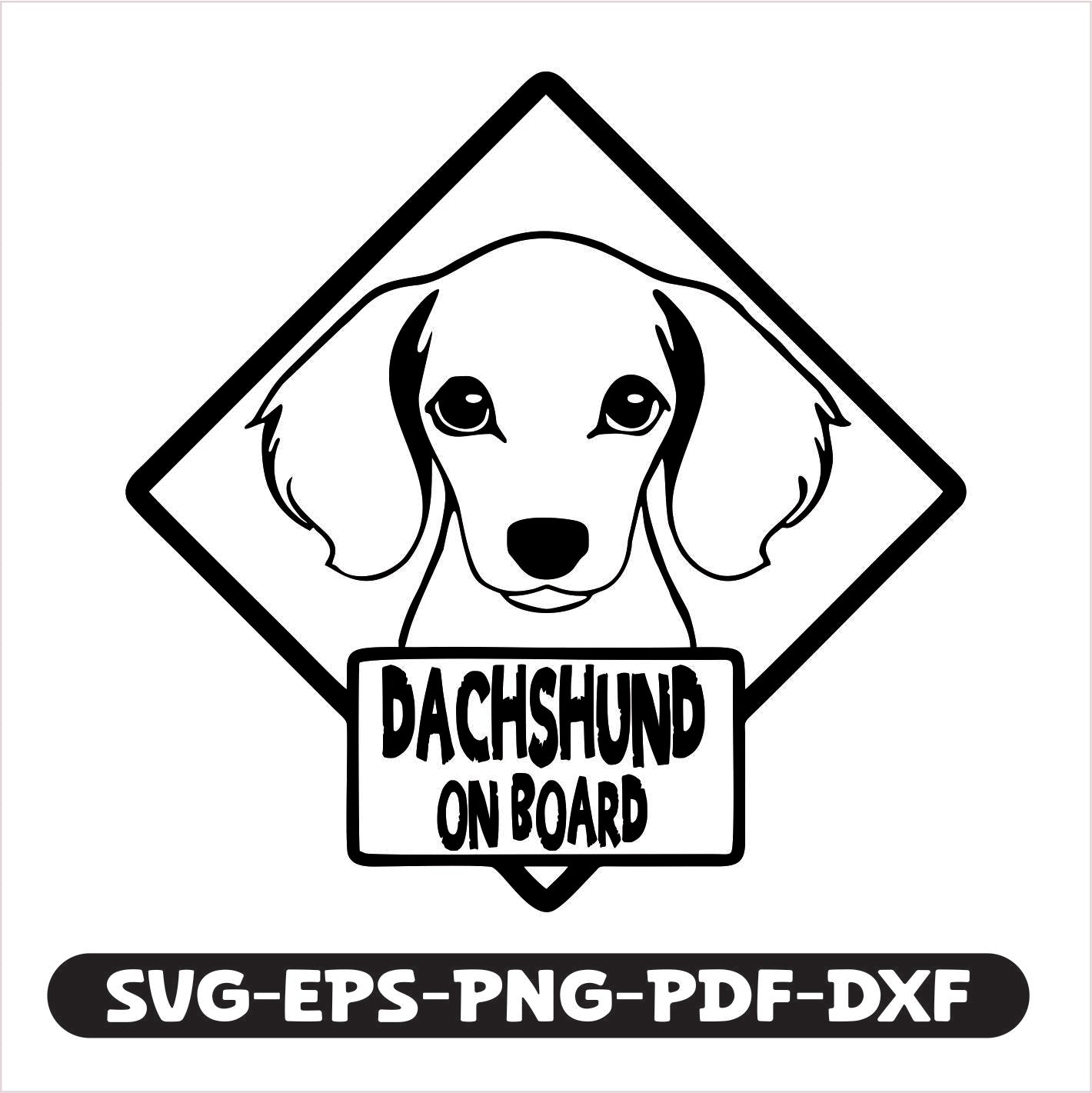 Show off your love for dachshunds with this versatile "Dachshund on Board" cutting file, available in SVG, EPS, PNG, PDF, and DXF formats.