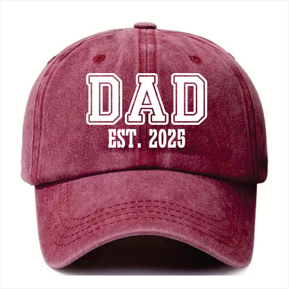 Burgundy cap with 'DAD EST. 2025' text on a white background