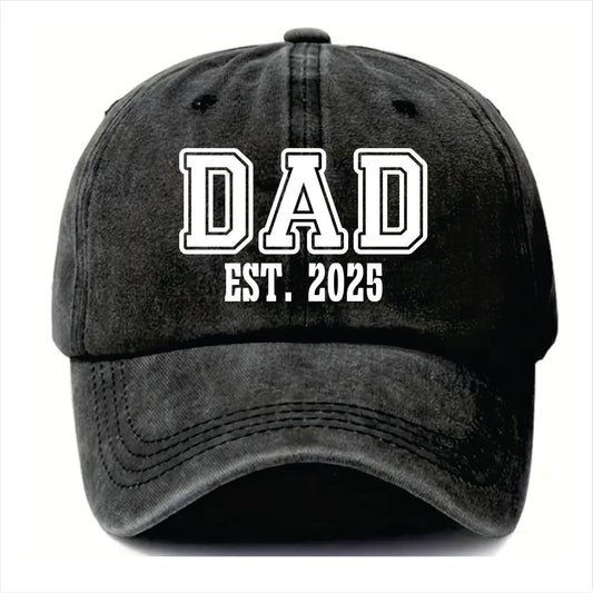 Black cap with 'DAD EST. 2025' text on a white background