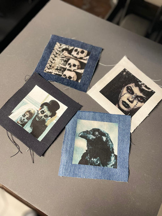 four Custom canvas photo patches 4x4 inches sew-on personalized design in  black, white and denim colors