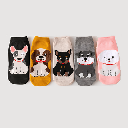 pack of 5 women ankle socks with different cute dog designs