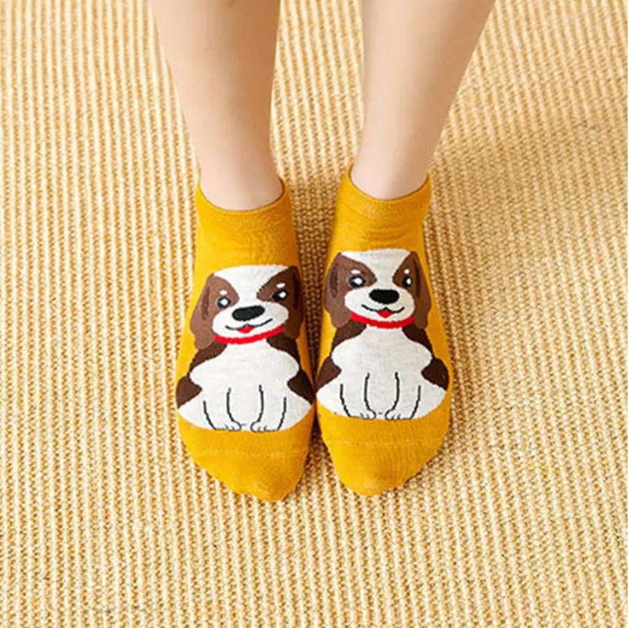 a girl wearing one pair of the pack of 5 women ankle socks with different cute dog designs