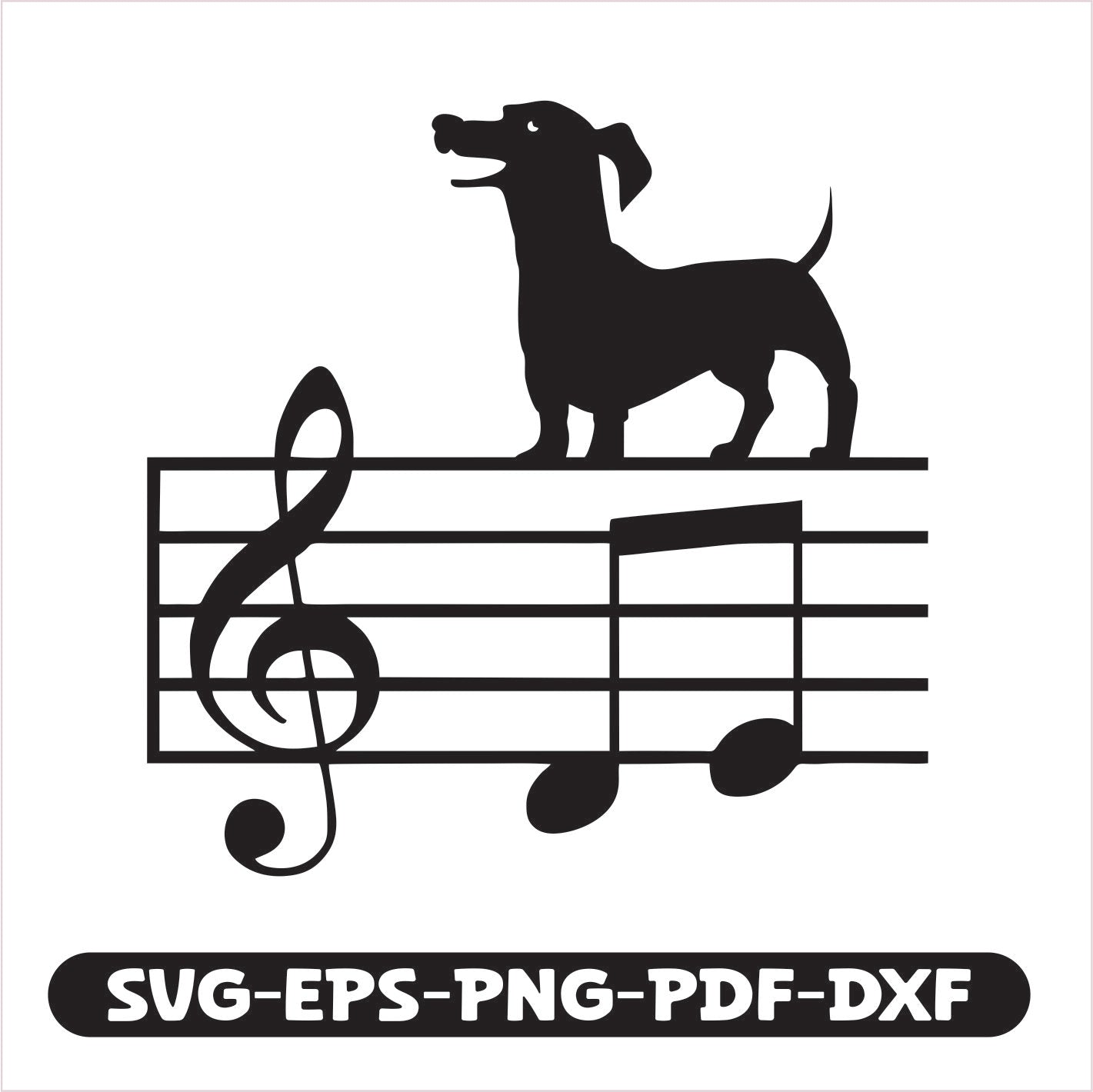 Dog Music cutting file. Available in SVG, EPS, PNG, PDF, and DXF formats, it’s perfect for crafting unique designs on vinyl, paper, or fabric.
