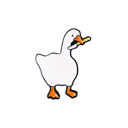 enamel pin with a goose carrying a knife