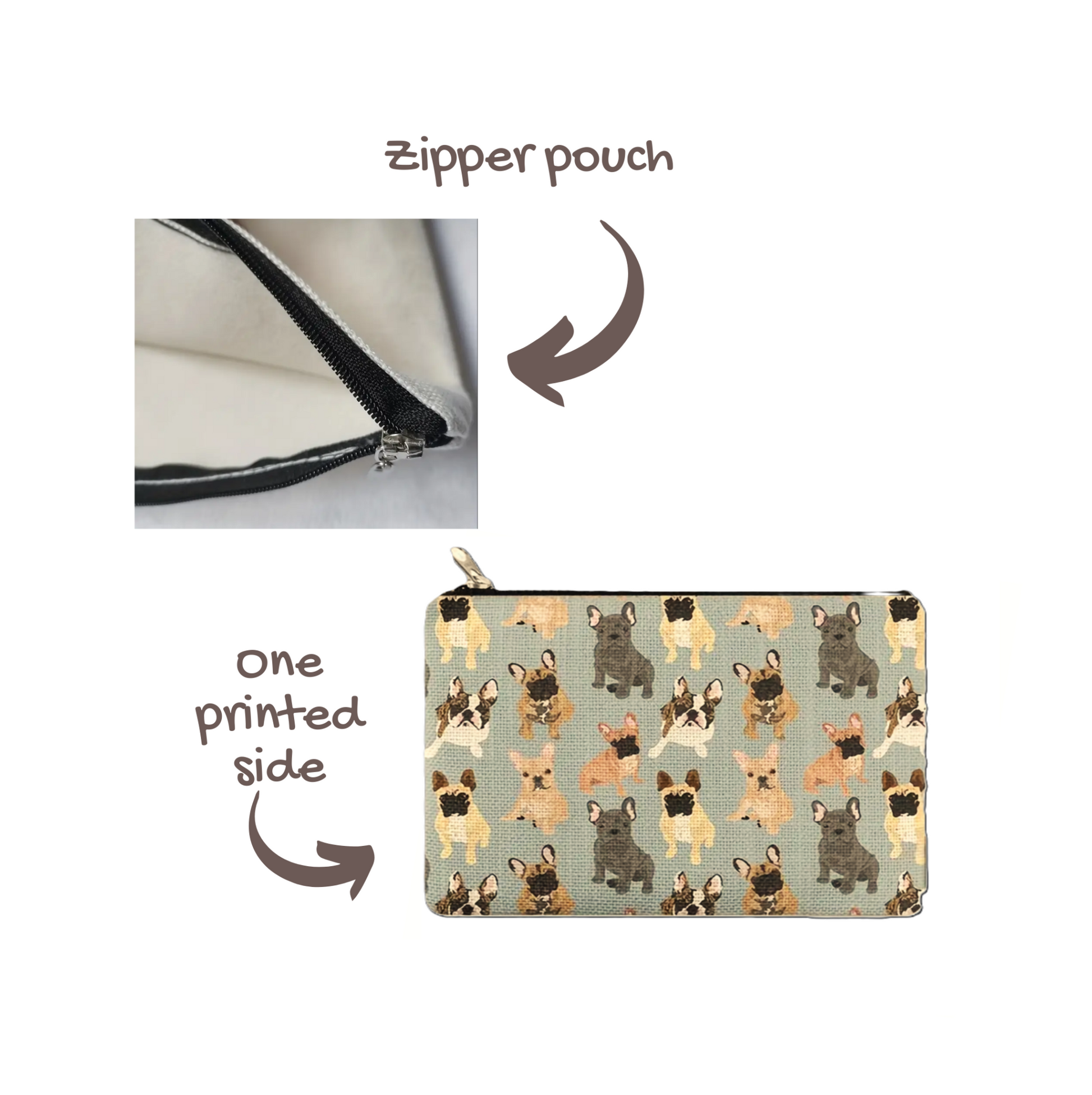 details of zipper pouch make up bag with a vintage frenchie design