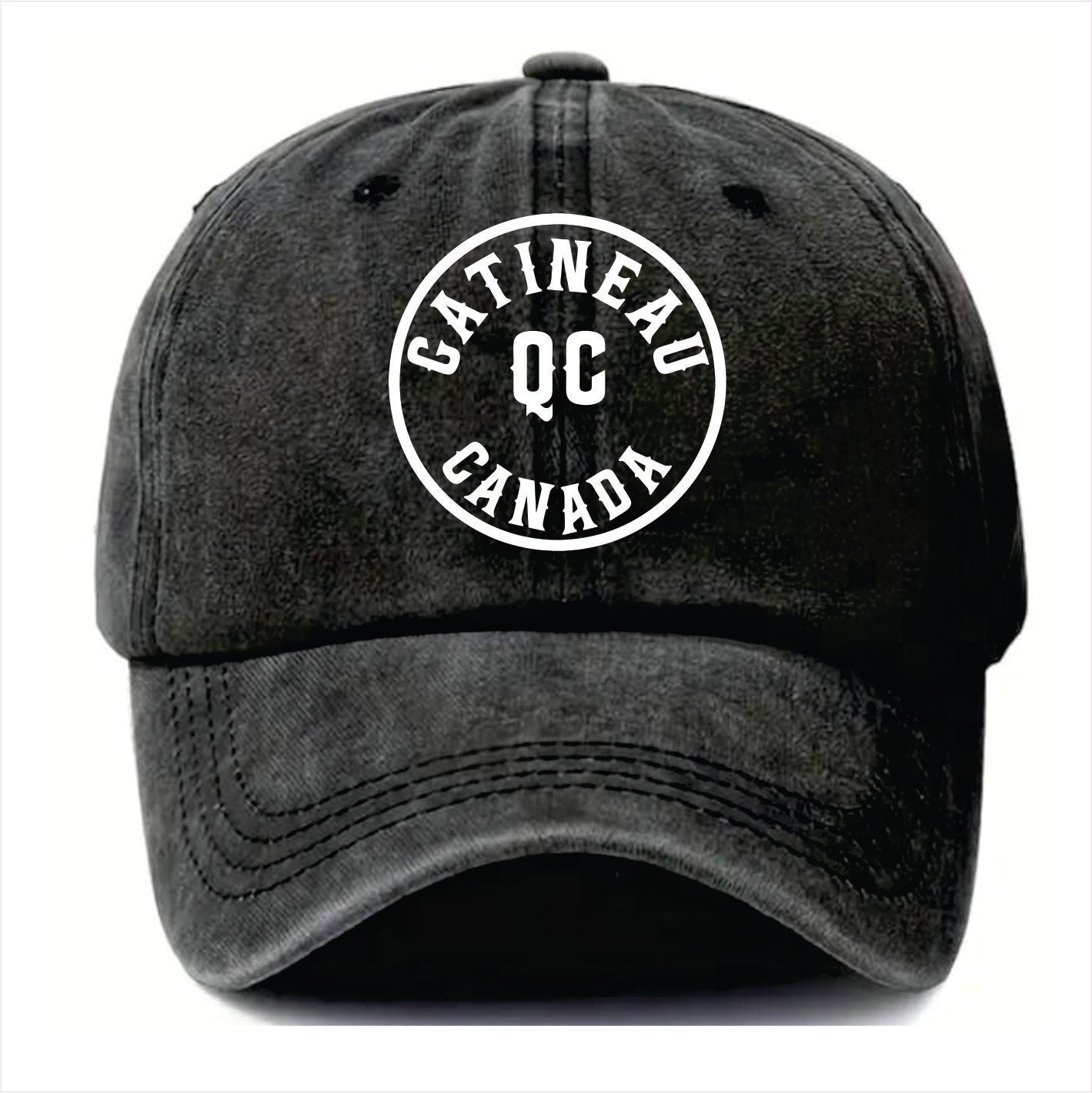 Black cap with 'Gatineau QC Canada' text on a white background