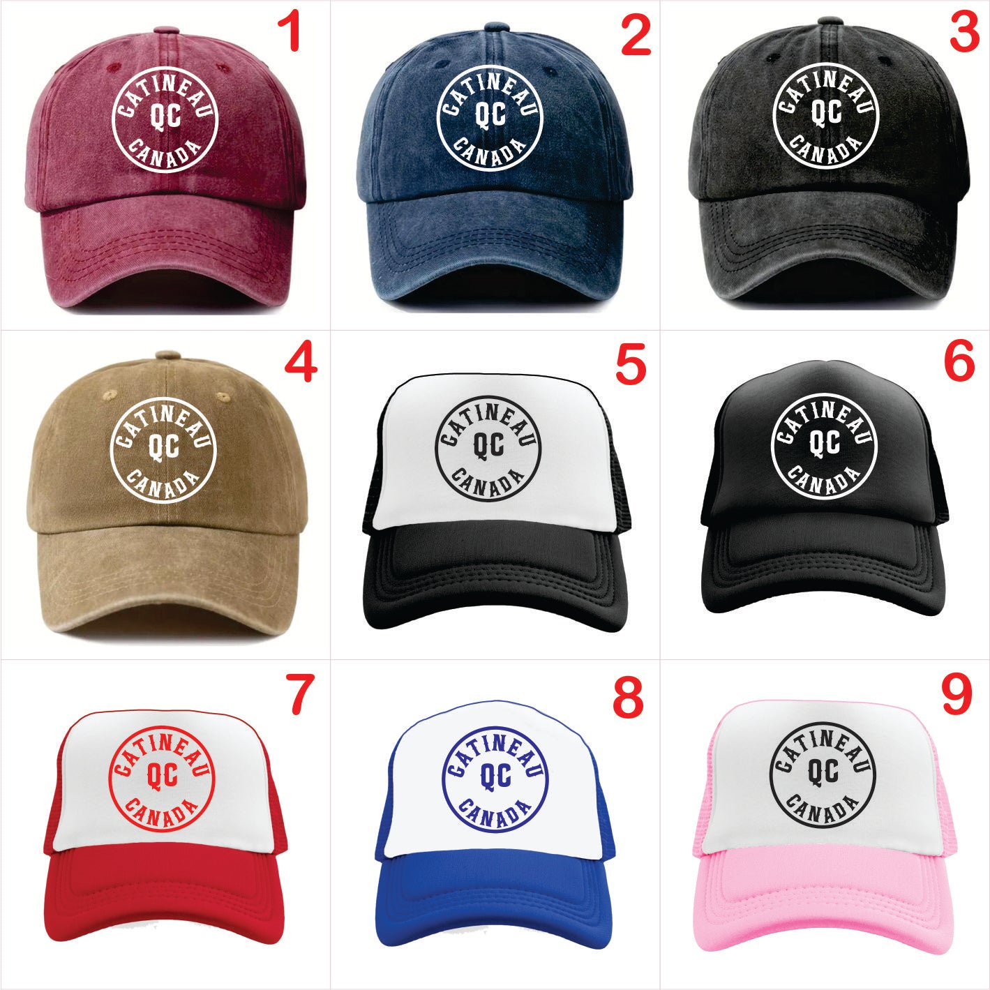 Nine baseball caps with 'Gatineau QC Canada' logo in various colors on a white background.