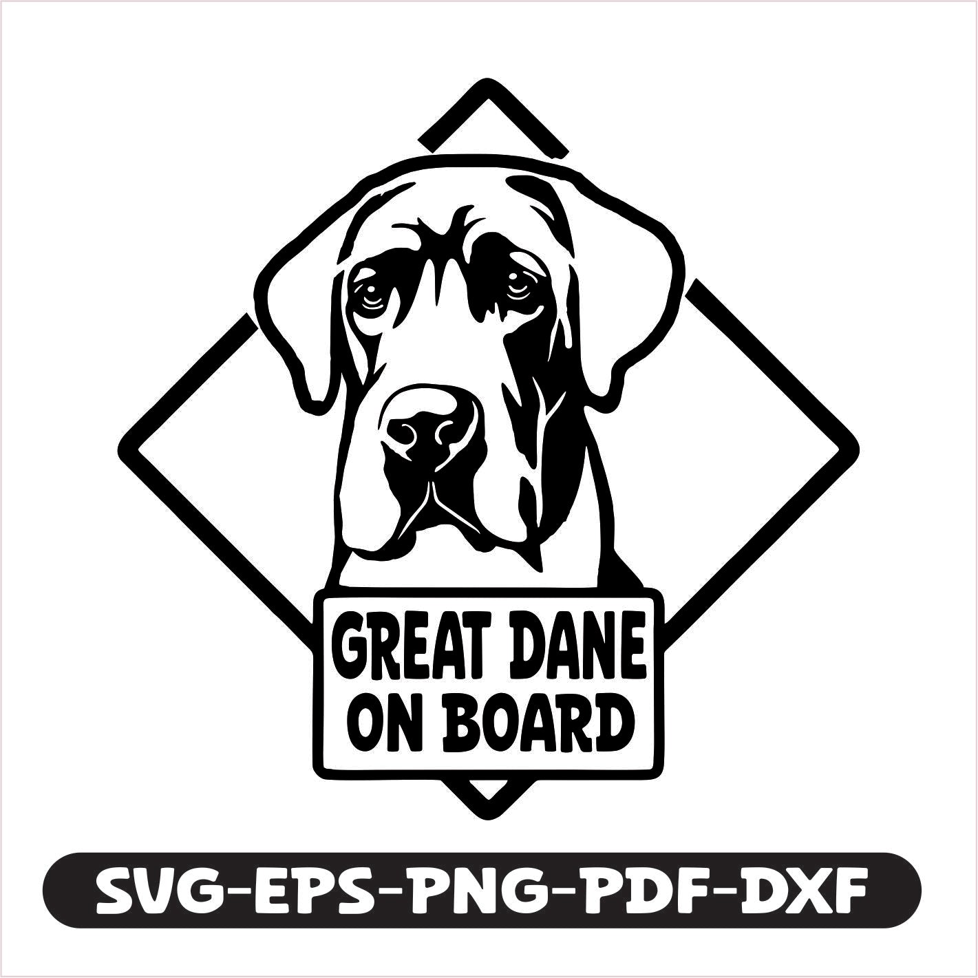"Great Dane on board" cutting file, perfect for creating unique decals, signs, and crafts. Available in SVG, EPS, PNG, PDF, and DXF formats, it works seamlessly with various cutting machines and design software.
