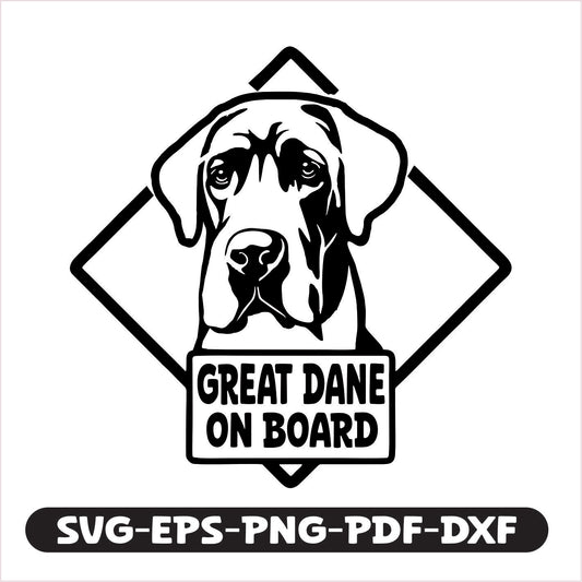"Great Dane on board" cutting file, perfect for creating unique decals, signs, and crafts. Available in SVG, EPS, PNG, PDF, and DXF formats, it works seamlessly with various cutting machines and design software.
